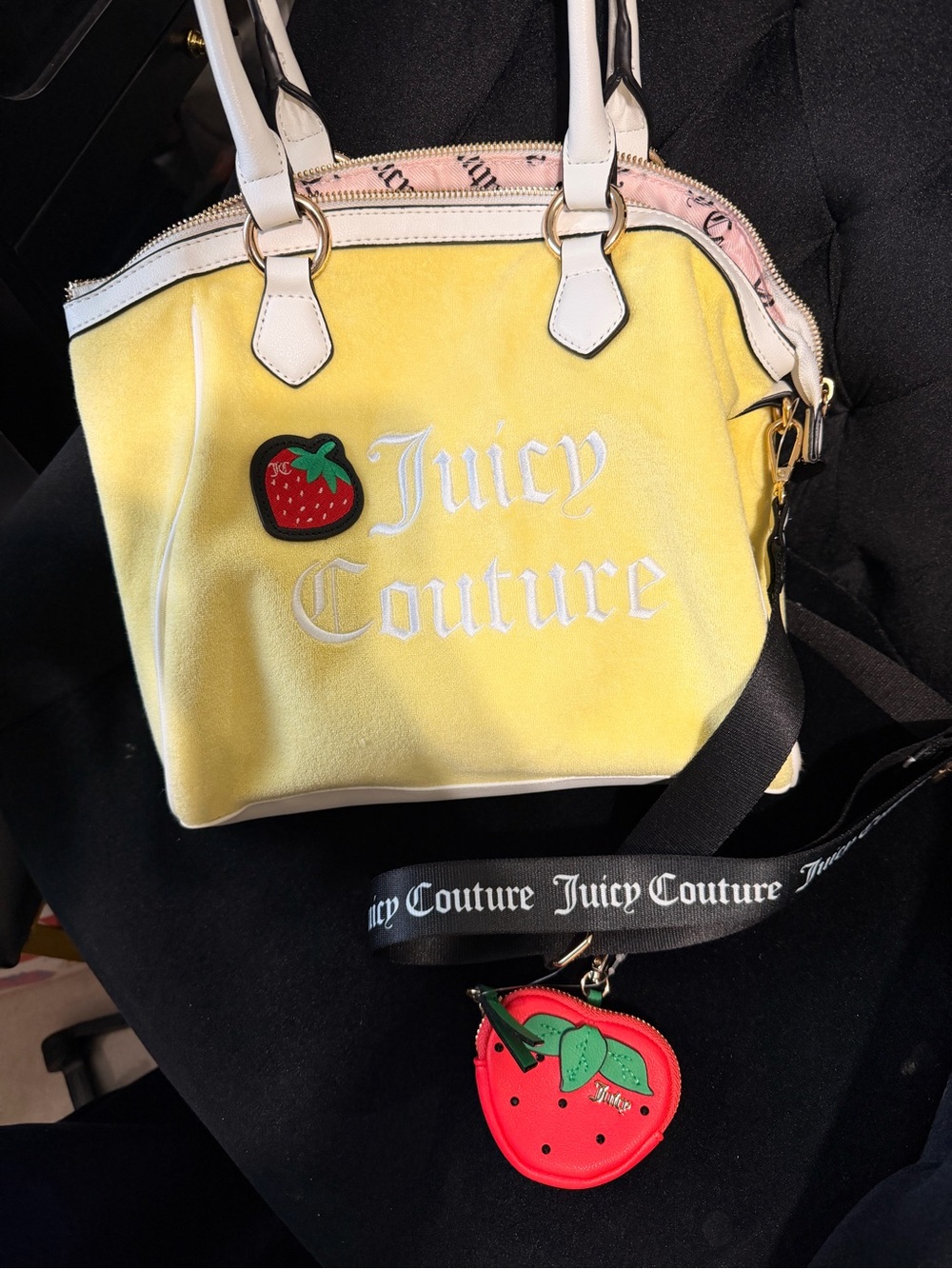 Juicy Couture Yellow Tote with Strawberry Appliqué and White Trim